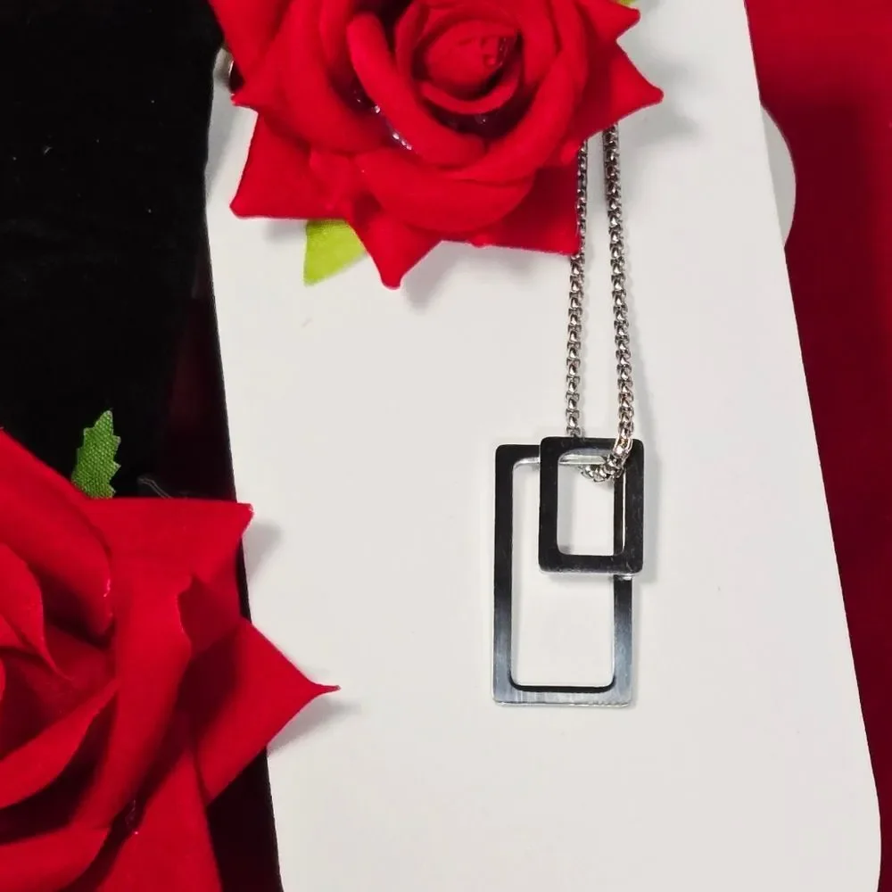 Silver Geometric Rectangle Pendant Necklace Stainless Steel Unisex 24